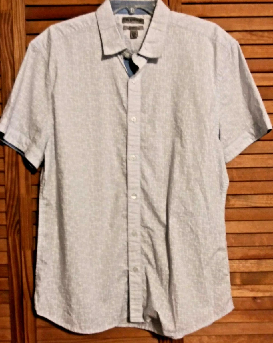 LE CHATEAU MEN S DRESS SHIRT 17 18 GEOMETRIC BLUE WHITE