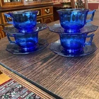 Cambridge ritz cobalt blue  depression  glass decagon cups & saucers 4 Sets MINT