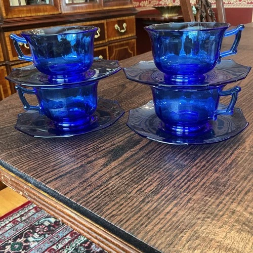 Cambridge ritz cobalt blue  depression  glass decagon cups & saucers 4 Sets MINT