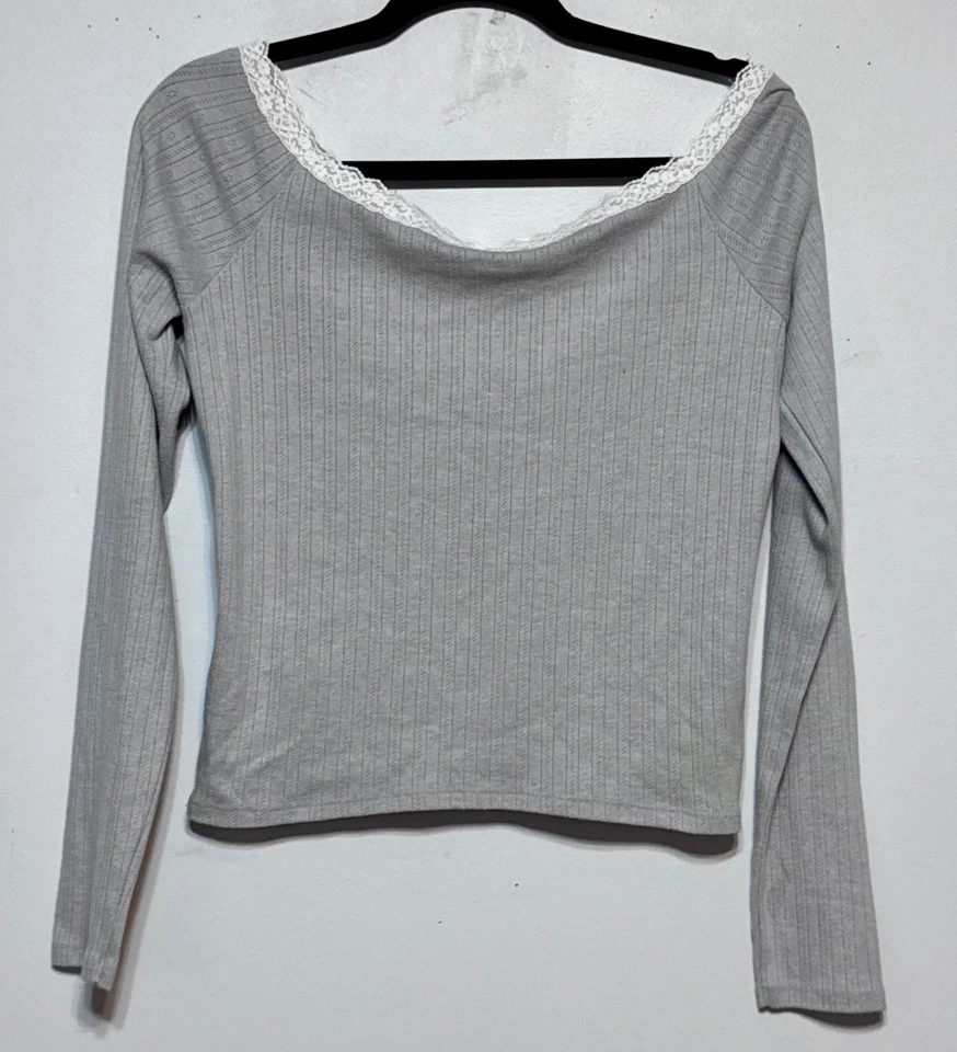 Top acanalado de manga larga Y2K Hollister con ribete de encaje para mujer coqueta grande Cottagecore Foto 4 de 4