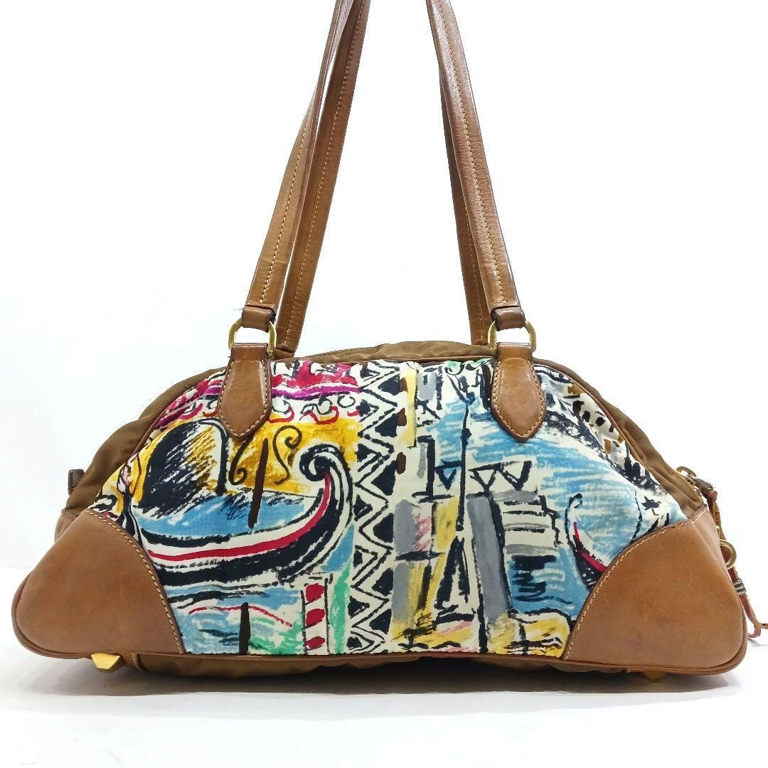 Prada Leather Nylon Shoulder Bag Brown Triangle Logo Plate Handbag Authentic View 2