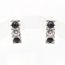 Classy Silver Tone Post Earrings with Black and Clear Rhinestone Accents