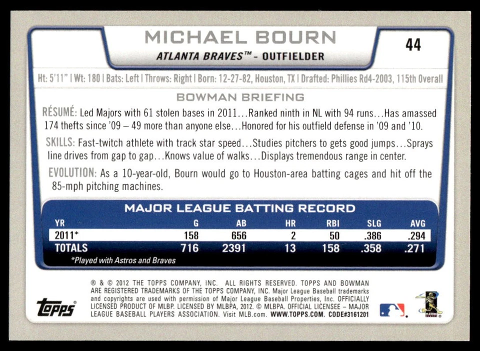 2012 Bowman Gold Michael Bourn #44 Atlanta Braves - Image 2 of 2