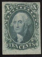US, 19th century, 10 cent green Washington, IMPERF Stamp, UNUSED