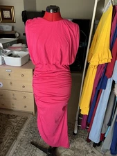 Anrabess Womens Sleeveless Ruched Chain Back Asymmetrical Hem Dress. Small