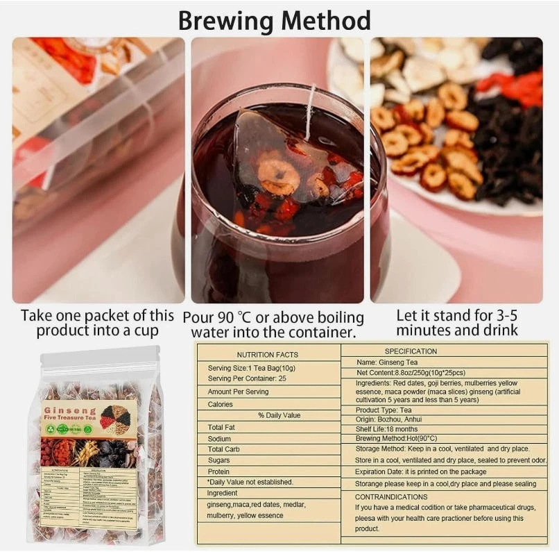 Té de cinco tesoros de ginseng para riñón - Té de ocho tesoros con Wolfberry y morera Foto 3 de 4
