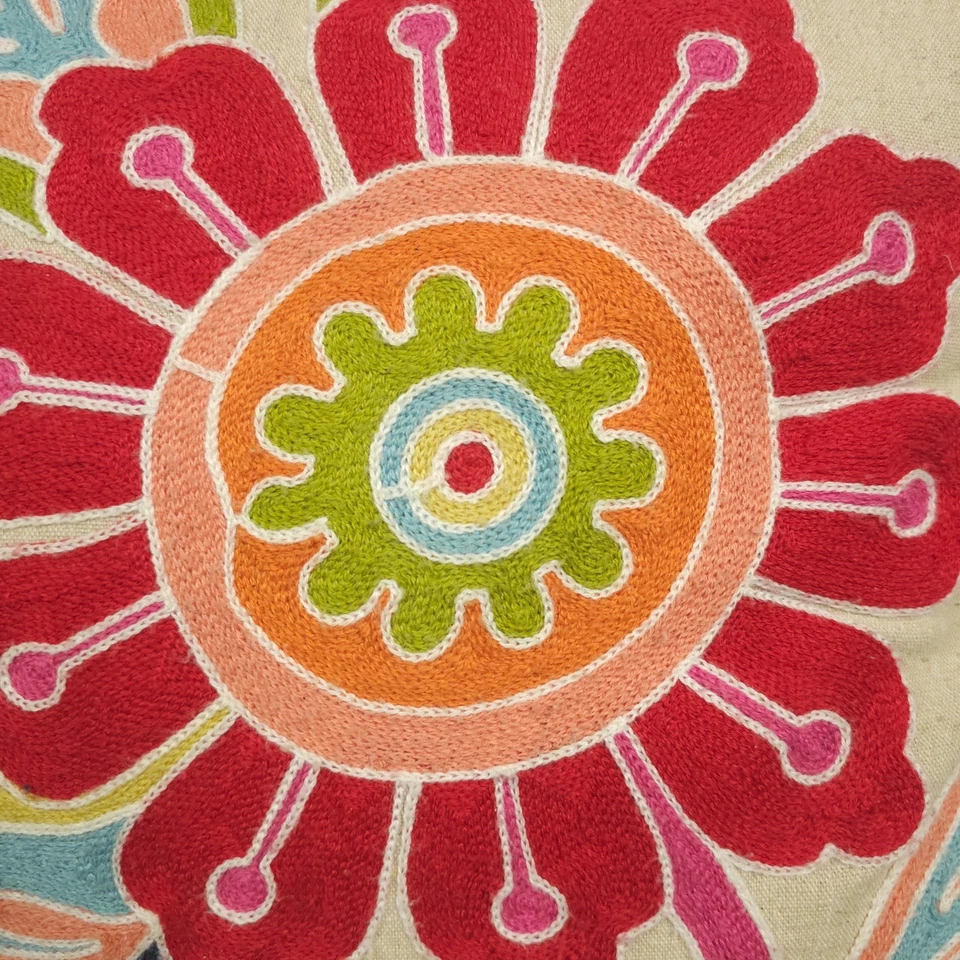 Embroidered Throw Pillow 16x16 Beige Multicolor Floral Chain Stitch Linen Blend - Image 4 of 4