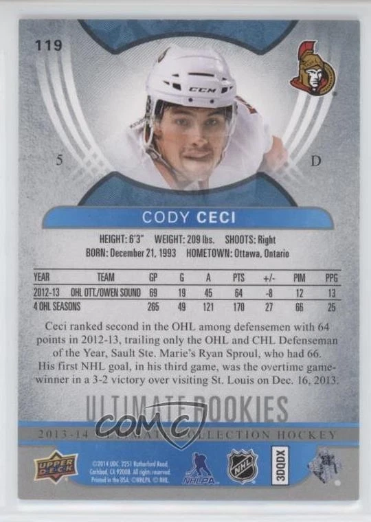 2013-14 Ultimate Collection Ultimate Rookies /499 Cody Ceci #119 Rookie RC - Image 2 of 2