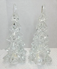 2 Clear Glass Christmas Tree Candleholders -  7” tall Xmas