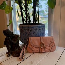 Juicy Couture Vintage Y2K Pink Leather Wristlet, Gold Accents