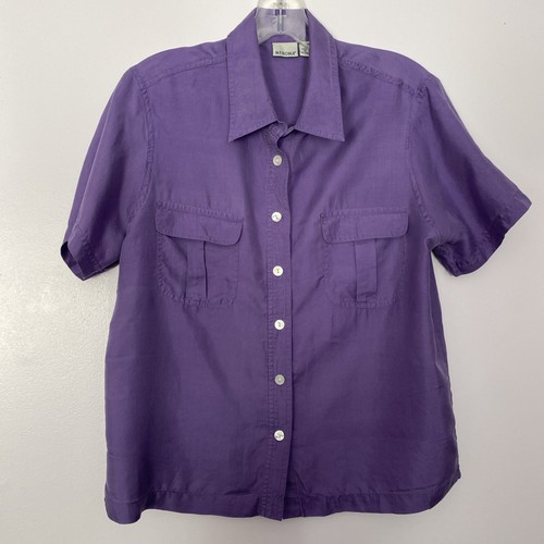 Merona 100% Silk Button-Up Shirt Collared Short Sleeve Pockets Purple Woman’s M - Picture 1 of 6