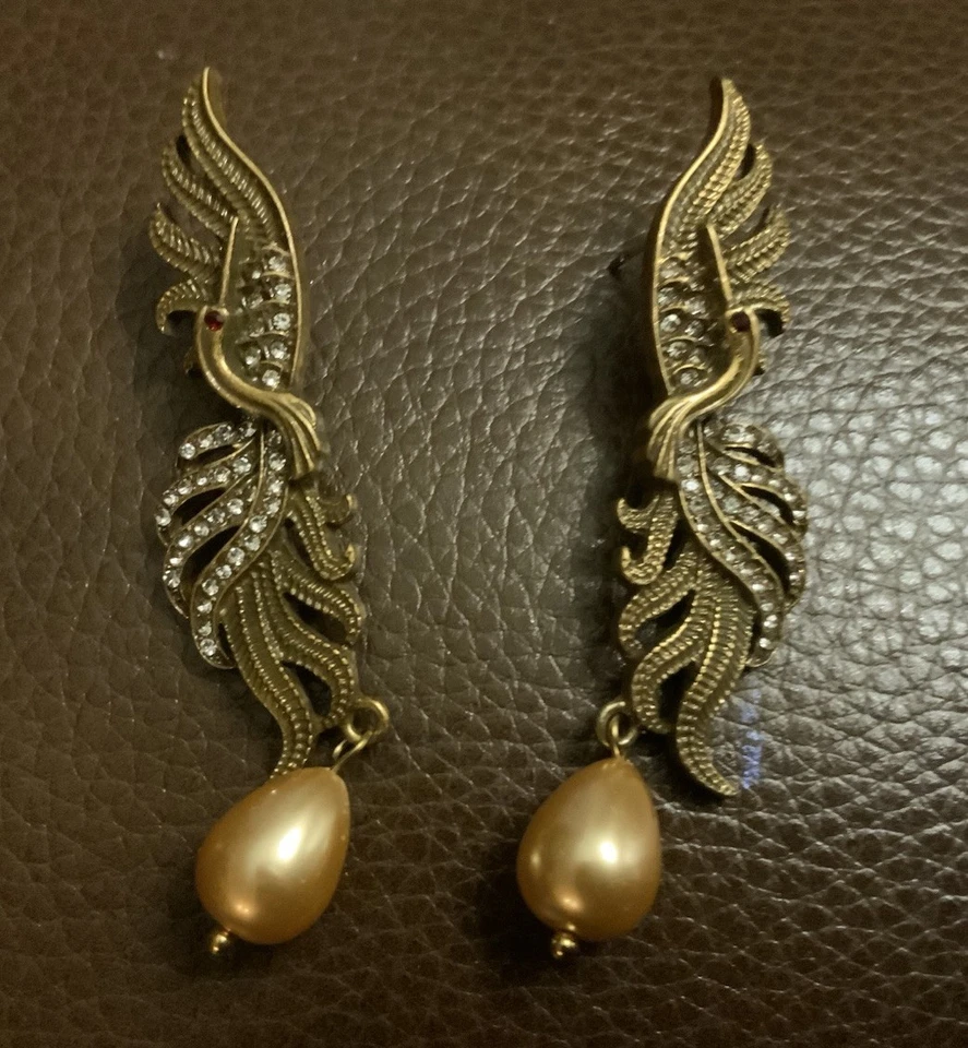 Phoenix Firebird Bird Earrings Art Museum Gold CZ 18k Revival VTG Palace Boho - Image 4 of 4
