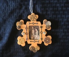 Steampunk Gold Snowflake Ornament Picture Frame, Gears Watch Hands Copper Silver