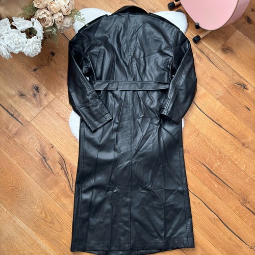 ZARA DOUBLE BREASTED BLACK FAUX LEATHER TRENCH COAT BELT Long size XS 4432 - Picture 15 of 19
