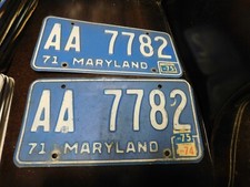 Maryland License Plates MD Tags Pair # AA 7782 1971 1975 1975