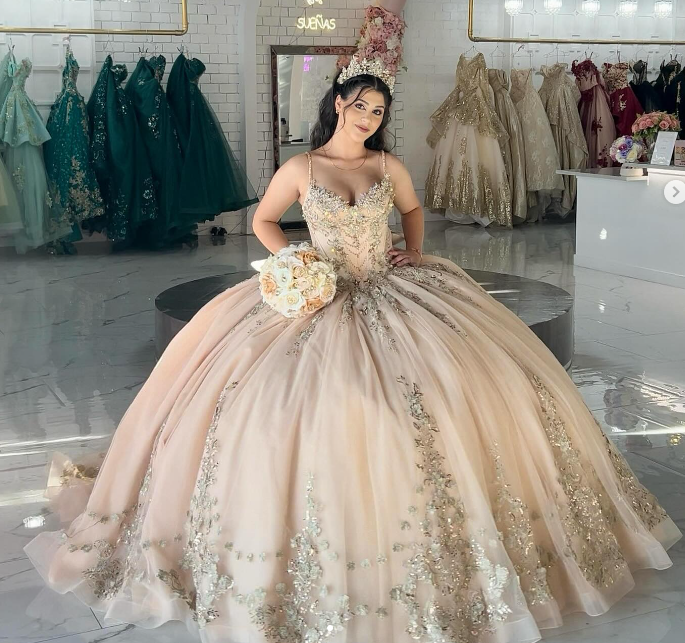 slim fit dress slacks Champagne Quinceanera Dresses With 3D Floral Applique lace-up prom Swe –  classygown main image 0