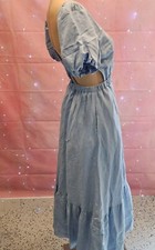 ASTR The Label BLUE  Linen Blend Jelena Cutout Puff Sleeve Midi Dress Size S