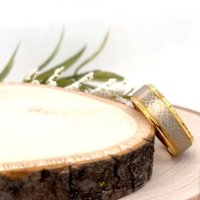 8mm Domed Gold Tungsten Ring Unisex Silver Celtic Knot Inlay Band For Christmas