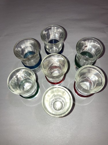 7 Vintage Red Blue Green Celluloid Band Flared Blade Runner Shot Glasses 1950s - Picture 7 of 7