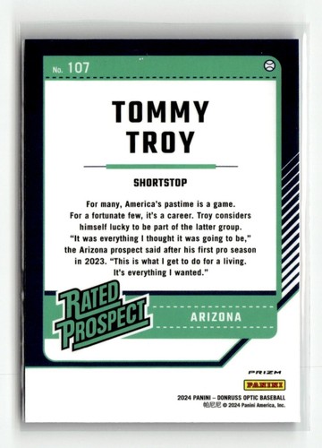 2024 Donruss Optic Rated Prospects Tommy Troy #107 Blue Velocity Prizm - Imagen 2 de 2
