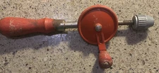 Vintage Hand Crank Drill with Red Paint and Wooden Handles - Egg Beater Style