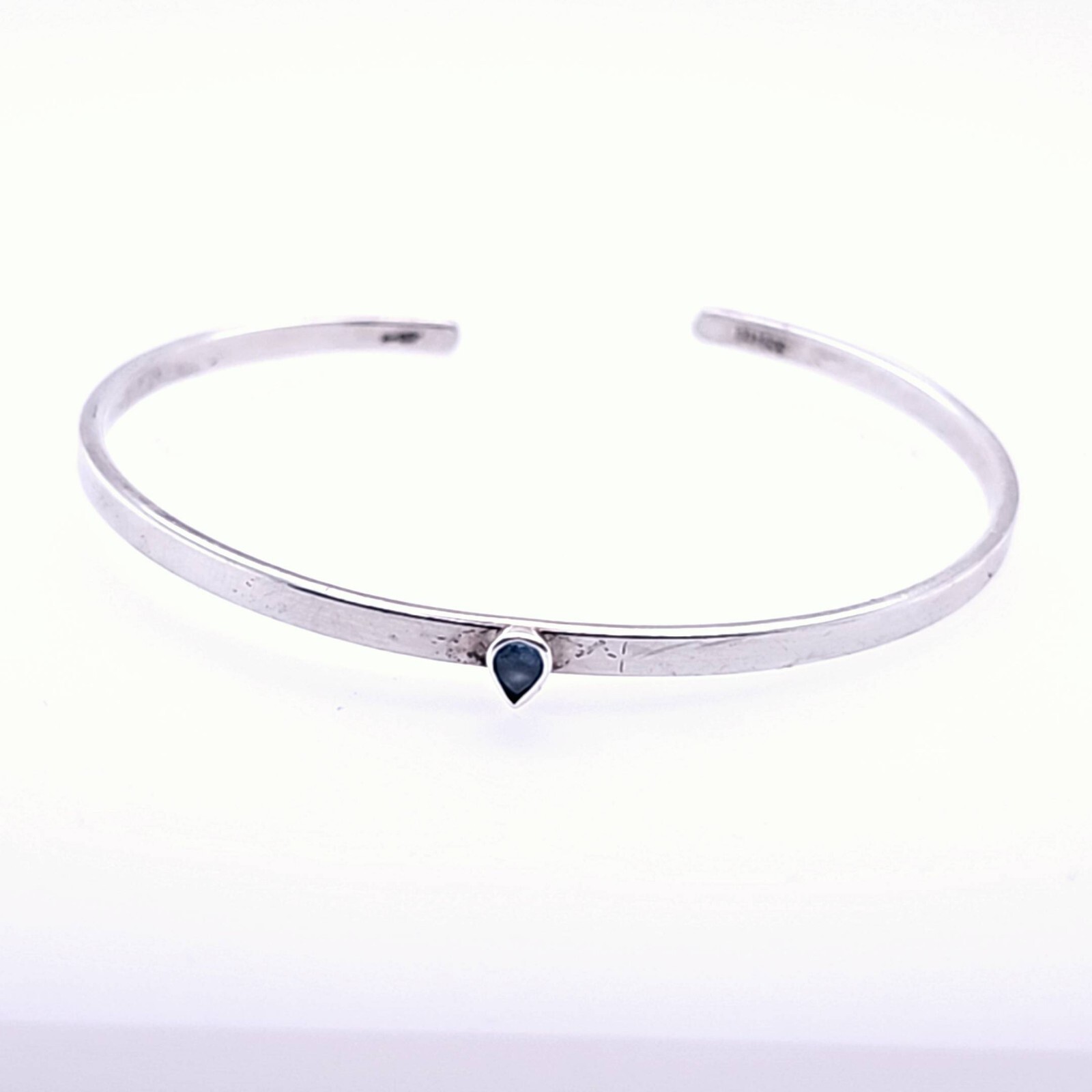 Sterling Silver Thin Bangle With Teardrop Aquamarine Stone Adjustable