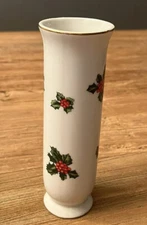 Vintage LEFTON Hand Bud Vase Christmas Holly Berry Gold Holiday
