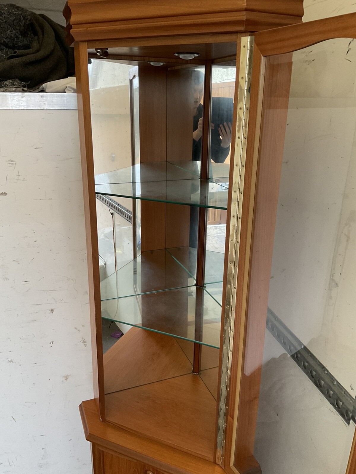 retro corner teak,”sutcliffes” , glass door & shelves
