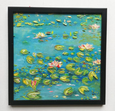 Seerose Ölgemälde Original im Stil von Claude Monet Malerei. Mit Rahme,20x20 cm