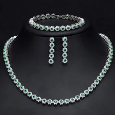 CWWZircons 3Pcs Green Crystal Bracelet Necklace Earrings Wedding CZ Jewelry Set
