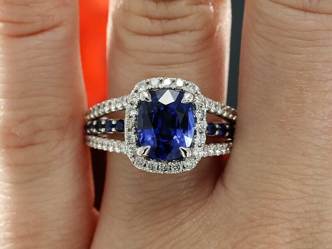 3Ct Cushion Cut Lab-Created Sapphire Halo Engagement Ring 14K White Gold Plated