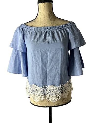 Zara Blue Poplin Tiered Bell Sleeve Crochet Lace Off Shoulder Blouse Top XS