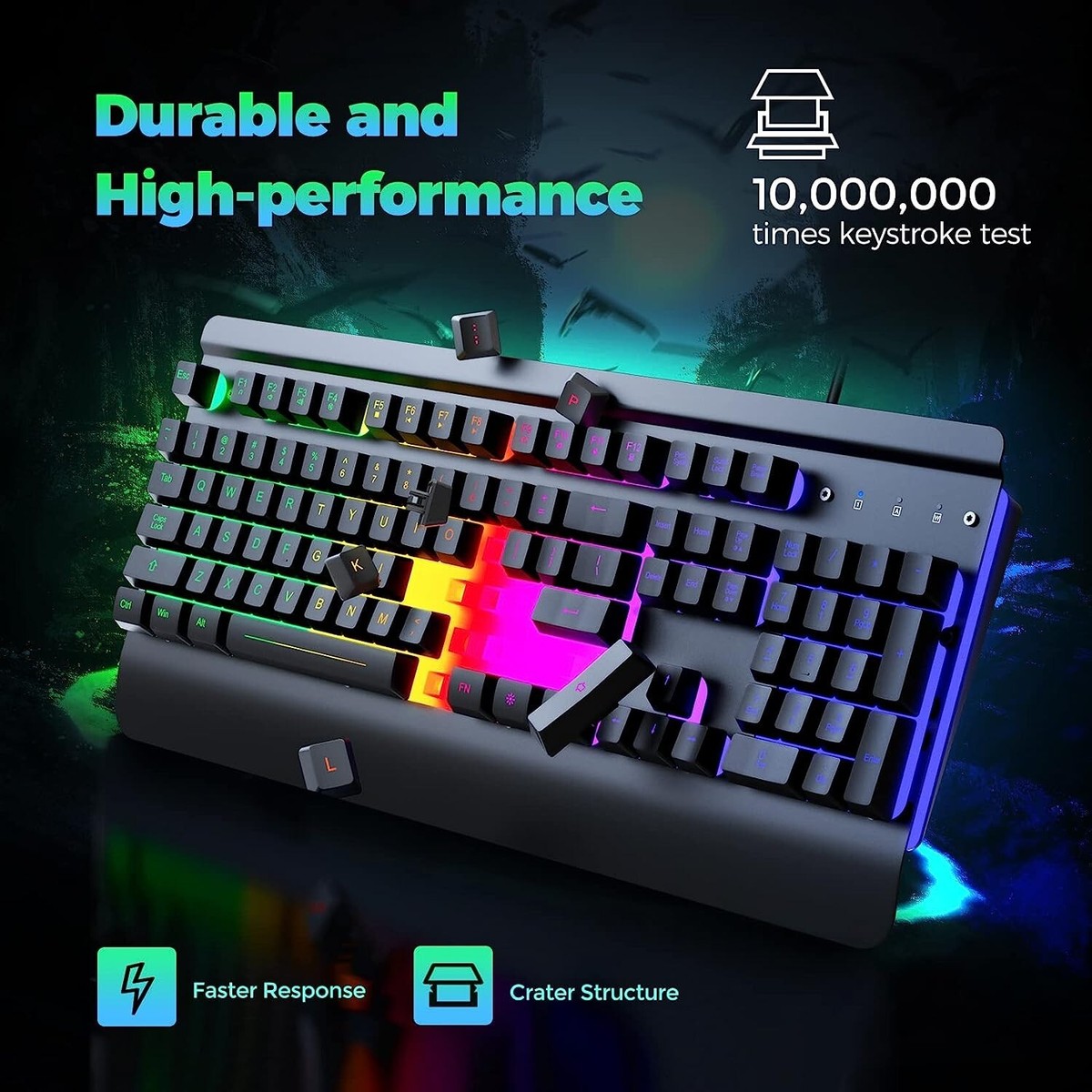 Rainbow Gaming Keyboard with Wrist Rest, Waterproof - USB Wired