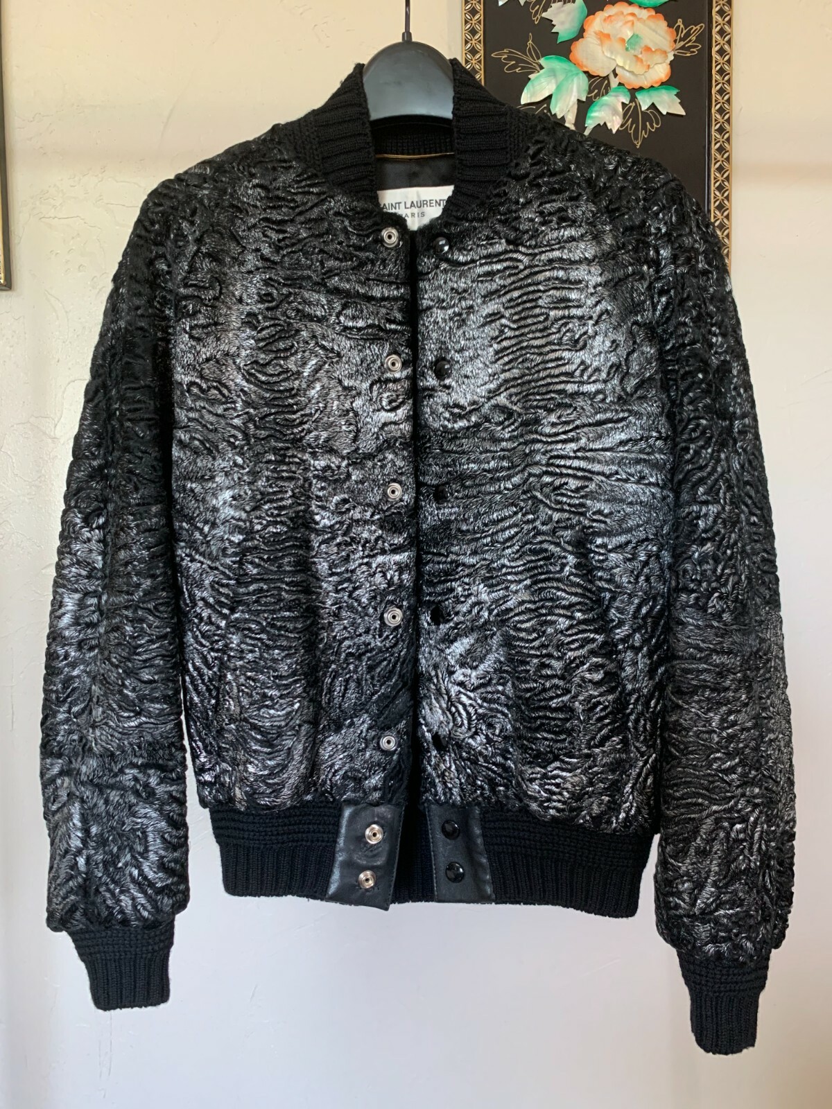 Giacca Bomber Saint Laurent Paris Ombre Metallizzata Pelliccia di Shearling Persiano Pelle