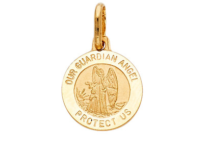 14K Solid Gold Guardian Angel Medal - 15mm Round Angel Charm Pendant -PT283