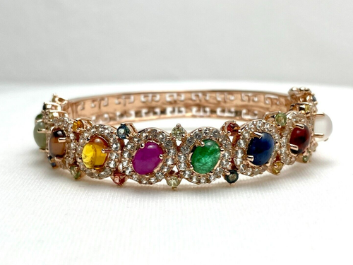 9 Color Gemstones, Rose Gold Plated Sterling Silver Bangle - Picture 3 of 11