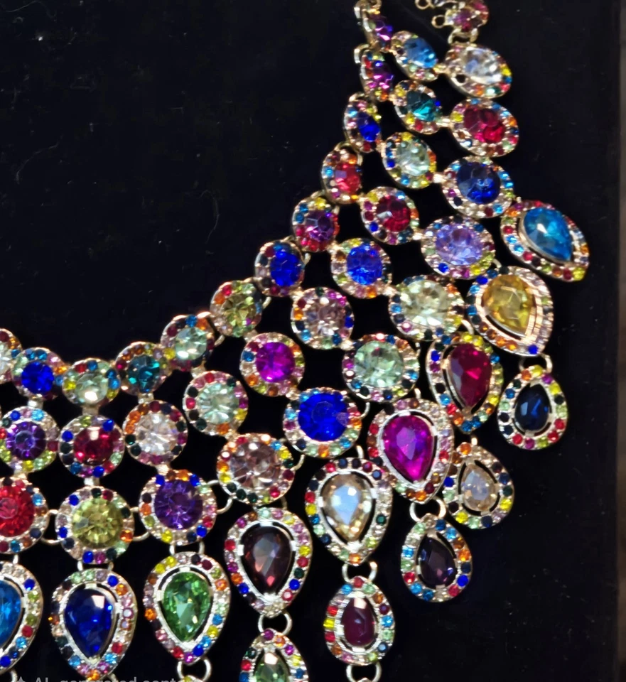 Natasha Couture Statement Bib Necklace Rainbow Crystal Teardrop Waterfall - Image 3 of 4