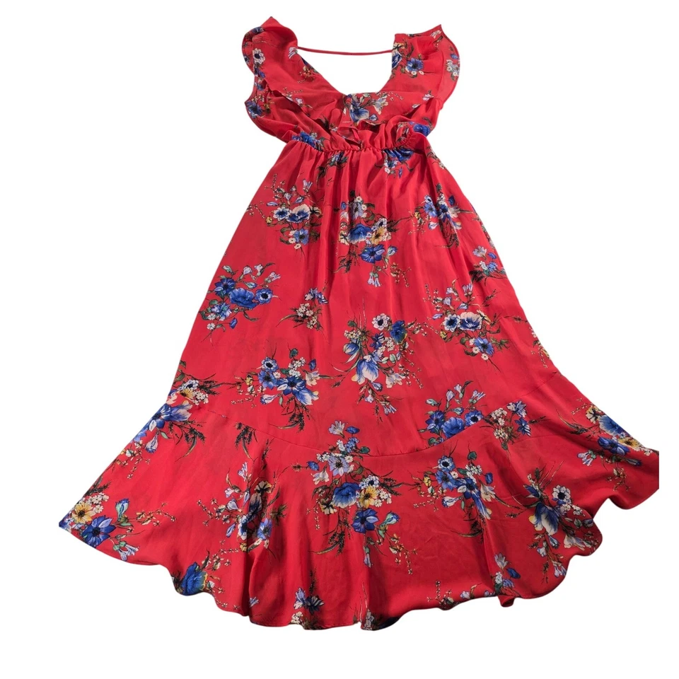 Maxi Vestido Soprano Rojo Floral Alto Bajo Envolvente Volantes Cottagecore Coqueta Solero Foto 2 de 4