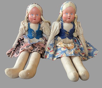 Vintage Pair Polish Cloth Sawdust Dolls Hand Painted Faces Primitive Clothes