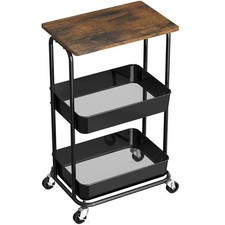 2-Tier Rolling Utility Cart with Lockable Wheels and Wood Top, Metal Storage ...