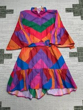 Farm Rio Amanda Stripes Mini Dress Womens Small Multicolor Belted Tiered Ruffle