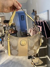 Coach Beige and Yellow Shoulder Bag with Logo Pattern and Yellow Leather Strap