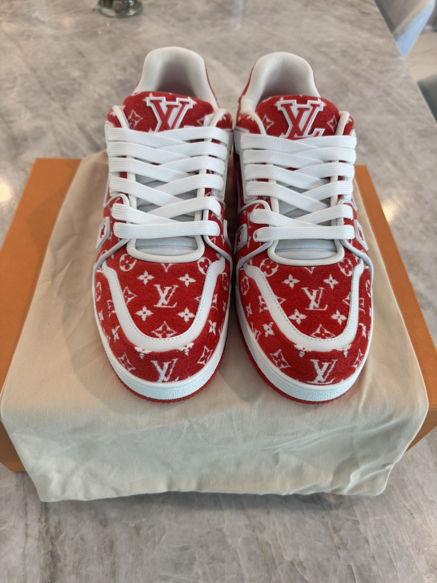 Louis Vuitton Trainer Red Monogram Textile Supreme Look LV Shoes