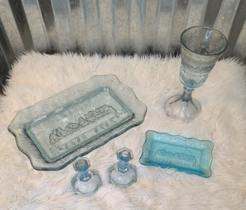 Tiara Indiana Ice Blue Glass Dish, candle sticks & Chalice Set LORDS SUPPER SET