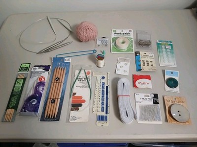 lot of 22 misc. knitting craft items needles fuse tape snaps bead links yarn