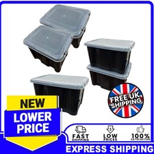 5 x Strong Black 24 Litre Plastic Storage Boxes With Clear See Through Lids