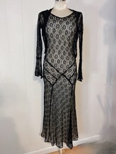 Antique Vtg 20s 30s Black Spiderweb Lace Dress Bell Sleeve Bolero Bias Cut S M 