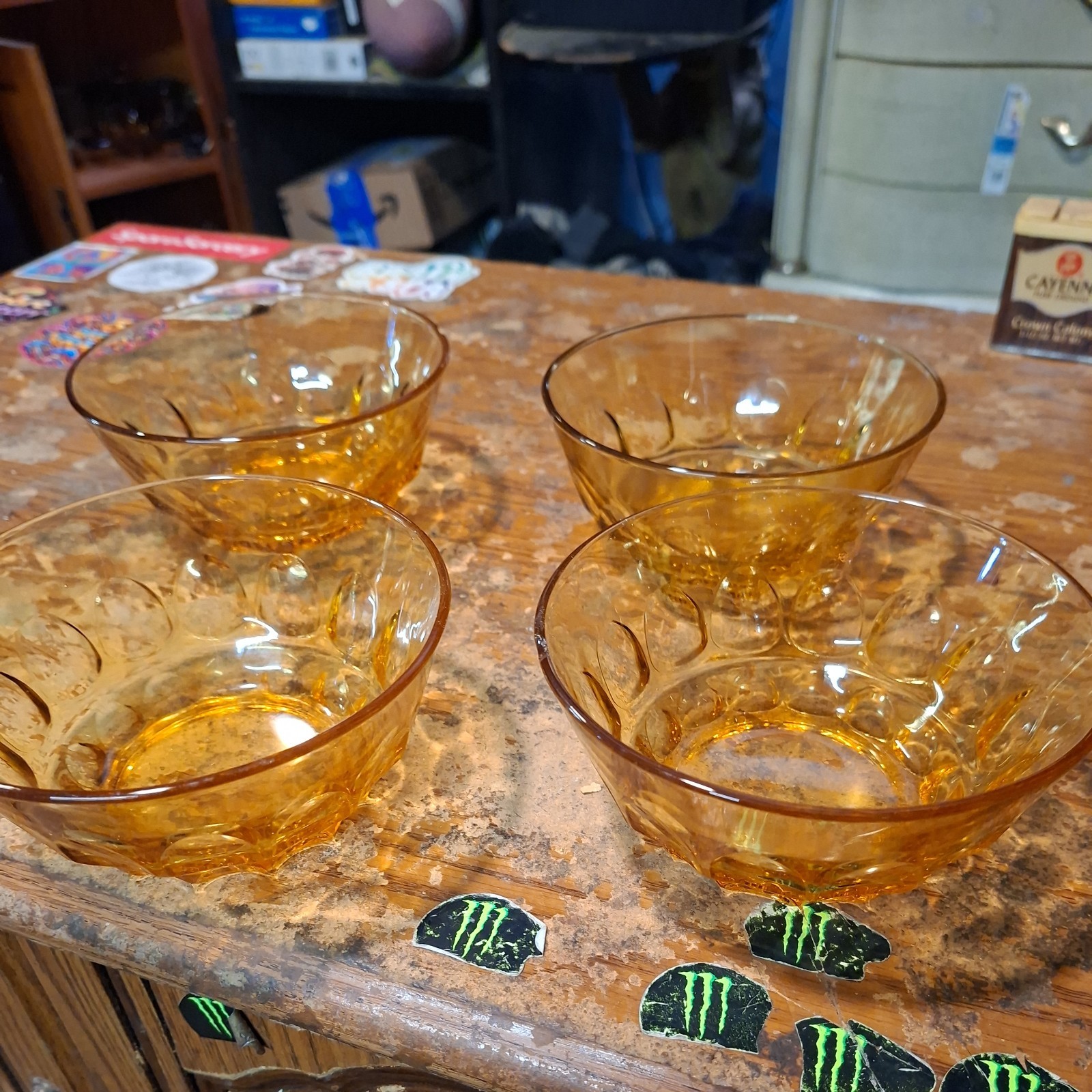Vintage Amber Glass Thumbprint Salad Bowls Set Of 4  C2