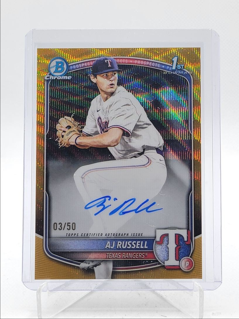 AJ RUSSELL 2025 BOWMAN CHROME DRAFT 1ST GOLD WAVE REFRACTOR AUTO /50 Q3967