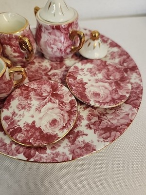 Formalities Miniature Tea Set by Baum Bros Red/Pink Roses Chintz 9